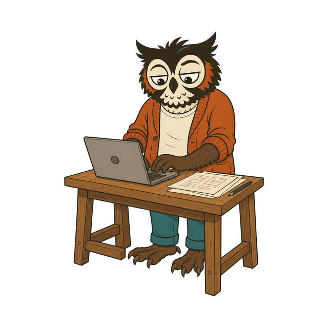 The Little AI Company owl building software at a workbench
